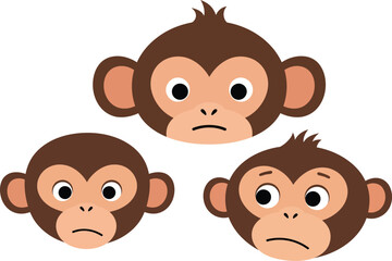 Three cartoon monkey faces expressing different emotions of sadness and worry against a clean white background © GolamKibria