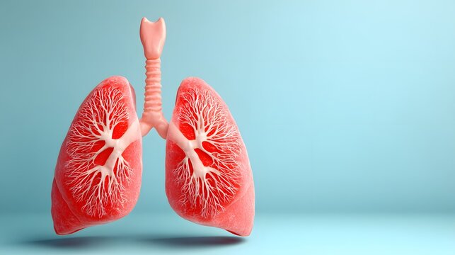 A detailed 3D illustration of human lungs against blue backdrop