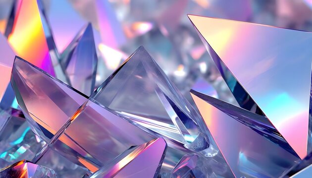 Close-up of iridescent, crystalline structures with sharp edges and reflecting light.