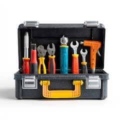 Black toolbox filled with various hand tools isolated on white background, ready for any repair project