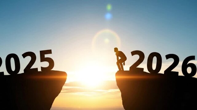 A silhouette leaps from 2025 to 2026 against a bright sunrise, symbolizing transition, new beginnings, and embracing the challenges of the future