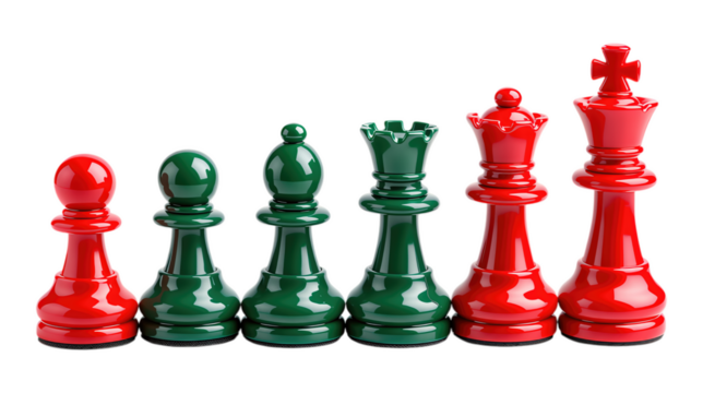 Glossy Crimson Chess Pieces on Transparent Background, 3D Realism Design Element