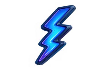 Blue lightning bolt 3d icon representing power and energy, electric thunder symbol, transparent background