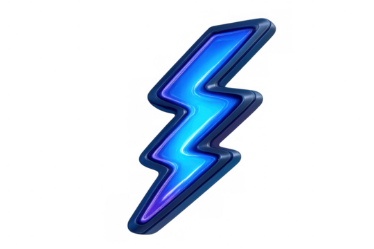 Blue lightning bolt 3d icon representing power and energy, electric thunder symbol, transparent background