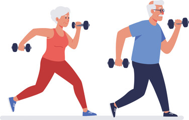 Active senior couple exercising together lifting dumbbells for a healthy lifestyle and fitness routine in a studio setting