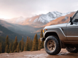 Offroad vehicle with mountain backdrop suggests adventure and rugged capability. Ideal for travel, exploration, freedom, and outdoor themes. Automotive concept.