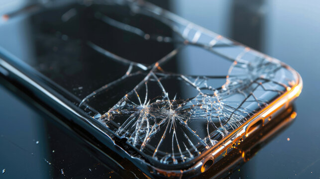 画面がひび割れたスマートフォンのクローズアップと故障のイメージ