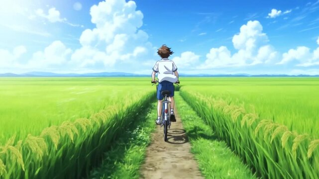 Anime boy riding a bicycle through a rural landscape with green rice fields, blue sky, and white clouds, capturing the essence of youth and freedom