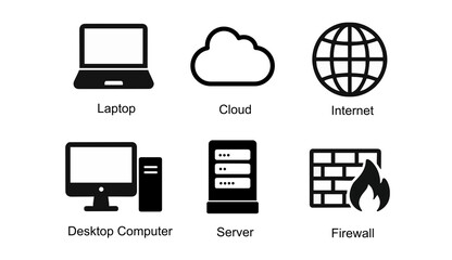 ネットワーク関係のアイコン　シンプルなイラスト　PC,クラウド,インターネット,サーバー,ファイヤーウォール,