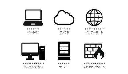 ネットワーク関係のアイコン　シンプルなイラスト　PC,クラウド,インターネット,サーバー,ファイヤーウォール,