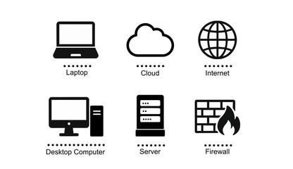 ネットワーク関係のアイコン　シンプルなイラスト　PC,クラウド,インターネット,サーバー,ファイヤーウォール,