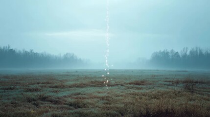 A bright energy line descends from the sky into a cold field. Mist swirls in the distance. The verticality of the beam adds drama, suggesting contact or transmission from an unknown source
