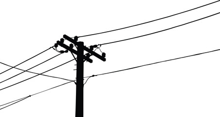 Silhouette vector illustration of utility pole with power lines, electrical distribution structure, urban infrastructure, energy supply, telecommunications network, minimalist design