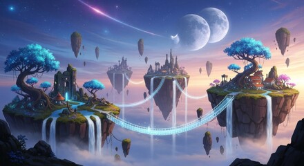 Obraz premium A surreal, fantastical landscape with floating islands, bridges, and floating balloons.