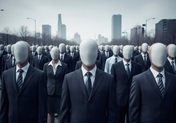 A crowd of identical figures with blank faces representing psychological illness and loneliness. Concept of depersonalization and autism.