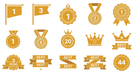 Vector art of set of golden award icons collection of medal, ribbon, and crown symbols for achievement, success, and victory graphic design elements for sports, business, and education