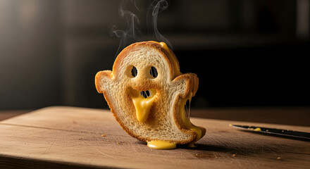 Halloween Ghost Toast with Melted Cheese Filling.