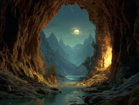 Grand Cave Entrance Overlooking Moonlit Mountain Valley With Flowing River Reflecting Night Sky Creating Serene Natural Landscape - Powered by Adobe