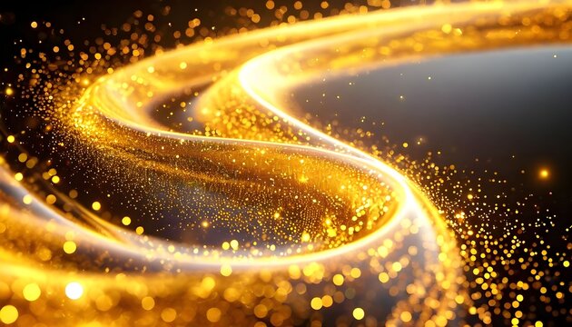 A swirling, abstract golden ribbon of light and sparkling particles curves across a dark background, creating a dynamic and elegant design.