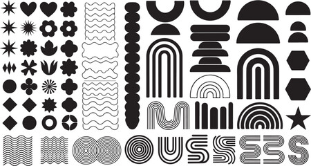 Abstract black geometric shapes and icons modern brutalist figures in stylish Swiss design aesthetic.eps