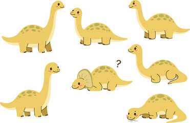 Collection of cute cartoon yellow dinosaurs with long necks and spotted backs in various playful poses against a white background