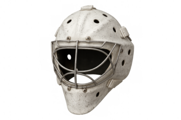 Vintage ice hockey goalie mask with wire cage protection, isolated on transparent background, symbolizing defense and retro sport