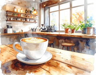 Beautiful artistic watercolor painting depicting a steaming cup of cafe latte with perfect foam and heart latte design, placed on a sunlit wooden bar in a contemporary coffee shop setting