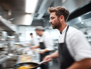 Focused chef in motion cooking with a pan in a busy professional kitchen. Represents culinary skills, teamwork, dedication, and restaurant service.