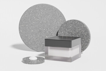 square cream jar mockup, clear glass rectangular shape skincare packaging with black screw cap, transparent arcylic eye cream container with glossy black lid, cubic shape plastic cosmetic bottle