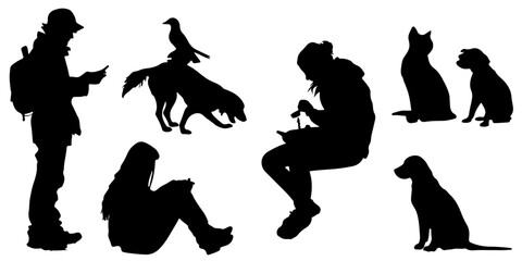 Silhouettes of people and animals diverse poses including walking dog playing fetch petting and sitting relaxing outdoor scenes silhouette