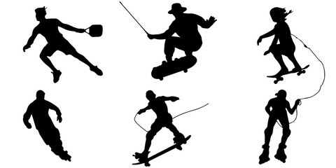 Dynamic silhouettes of athletes in action basketball skateboarding rollerblading soccer sporty lifestyle diverse activities silhouette