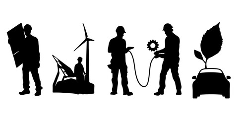 Obraz premium Silhouettes of workers installing solar panels wind turbines and charging electric vehicles symbolizing renewable energy solutions and sustainability silhouette