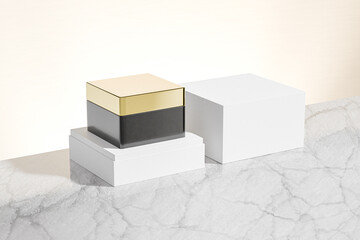Golden glossy black square cream jar mockup, rectangular shape skincare packaging with gold electroplating metallic flat lid, rejuvenating cream container, luxury cubic shape acrylic cosmetic bottle