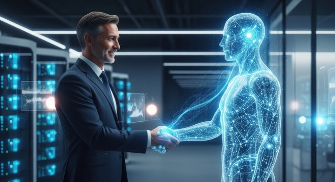 A man in a suit shaking hands with a holographic human figure in a futuristic office setting.