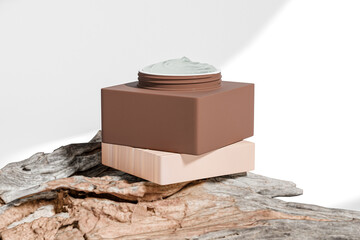 square cream jar mockup, organic skincare packaging with wooden screw cap, natural facial mask container concept, brown color rectangular shape cosmetic container, eco-freindly makeup packaging