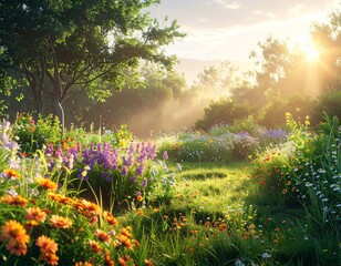 朝日が差し込む花咲く庭園と緑あふれる風景