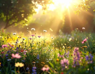 朝の光に包まれた野の花とやわらかな風景