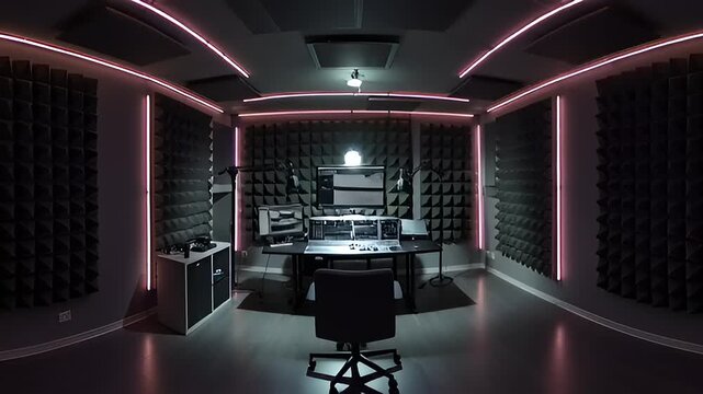 Modern Recording Studio with Neon Lights and Professional Equipment.