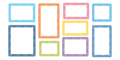 Collection of nine hand drawn colorful rectangular and square borders and frames with textured edges on a white background