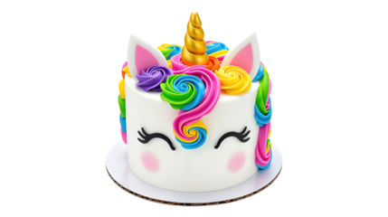 Glossy Pink Unicorn Cake with Rainbow Swirls on Transparent Background, 3D Realism Design Element