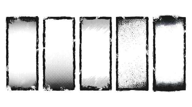 Vector art of set of five grunge frames distressed borders with various textures, including halftone, hatching, and noise perfect for adding a vintage or edgy look to photos