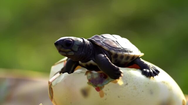 Baby Sea Turtle Hatching from Egg on Sandy Beach, Nature Miracle Moment