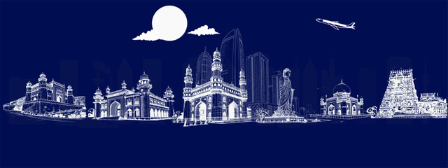 Hyderabad Skyline with Charminar, Golconda Fort, and Hussain Sagar Lake &ndash; Cultural Tourism Landmark Art for Travel and Promotion