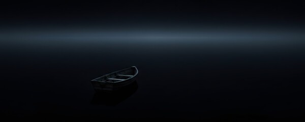 A solitary boat floating on dark, still water under a minimalist sky. Concept of loneliness and isolation.