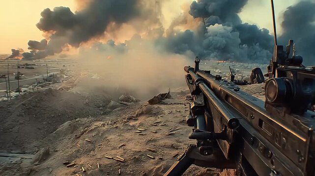 Machine Gun Amid Fierce Battlefield Combat Chaos.