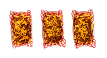Three vacuum sealed packages of chili with cheese isolated on transparent background