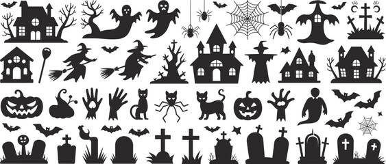 Naklejka premium Halloween silhouette collection, haunted house ghost witch bat pumpkin icons, spooky festive artwork, eerie seasonal design, creepy dark graphic set
