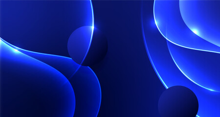 Blue futuristic abstract background with glowing curved lines and spheres