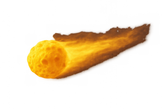 Meteor fireball streaking across space with burning flame trail, cosmic asteroid entering atmosphere