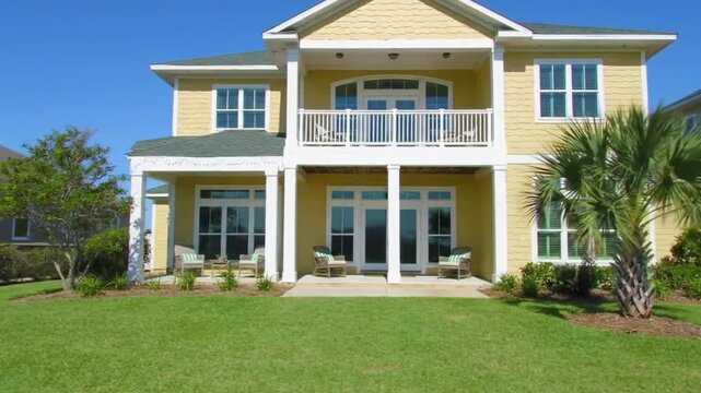 Elegant yellow home with balcony and palm tree under blue sky.